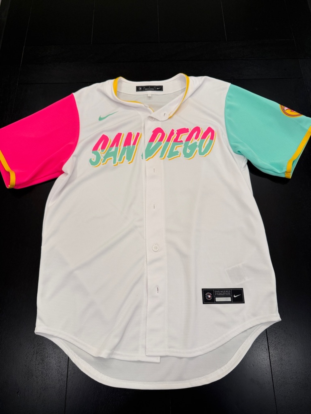 Nike White San Diego Baseball Jersey with Pink & Aqua Sleeves